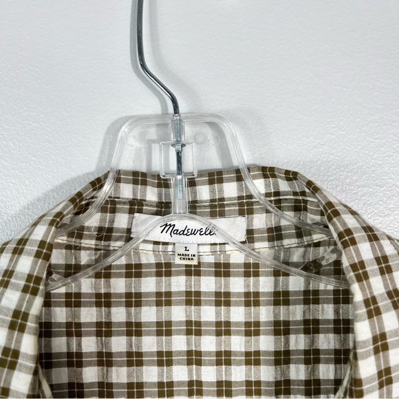 Madewell Seersucker Textured Button Up Green Plaid Tie Bottom Top Large L - Picture 5 of 7